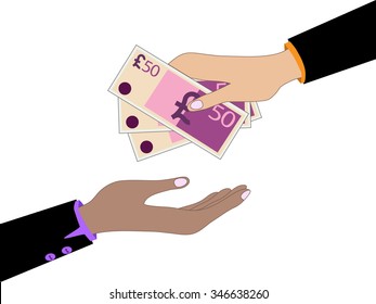Vector cartoon of Hand, giving money pound to other hand