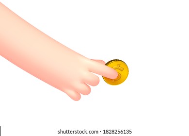 Vector cartoon hand with golden dollar coin, isolated on white background. Cashback, earnings, savings concept illustration.