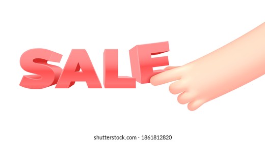 La caricatura vectorial mantiene la letra en los dedos haciendo la palabra de venta, aislada en el fondo blanco. Ilustración de concepto de oferta especial.