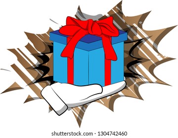 Vector cartoon hand holding big gift box. Illustrated holiday sign on comic book background.
