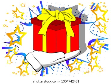 Vector cartoon hand holding big gift box. Illustrated holiday sign on comic book background.