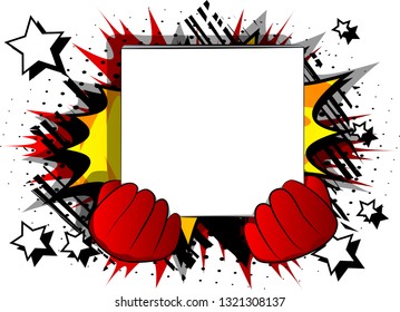 Vector cartoon hand holding a big white box. Illustrated hand on comic book background.