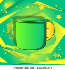 Vector cartoon hand holding big mug. Illustrated hand on comic book background.