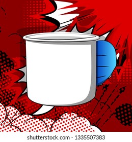 Vector cartoon hand holding big mug. Illustrated hand on comic book background.