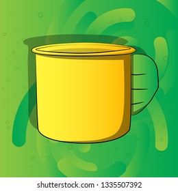 Vector cartoon hand holding big mug. Illustrated hand on comic book background.
