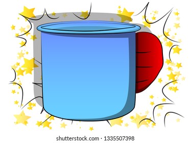 Vector cartoon hand holding big mug. Illustrated hand on comic book background.