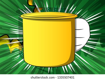 Vector cartoon hand holding big mug. Illustrated hand on comic book background.