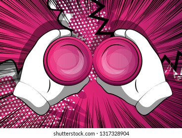 Vector cartoon hand holding a binocular to look through. Illustrated sign on comic book background.
