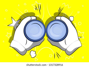 Vector cartoon hand holding a binocular to look through. Illustrated sign on comic book background.
