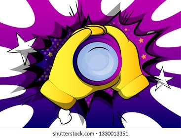 Vector cartoon hand holding a binocular to look through. Illustrated sign on comic book background.