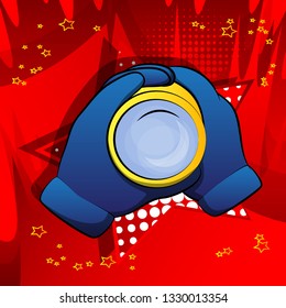 Vector cartoon hand holding a binocular to look through. Illustrated sign on comic book background.