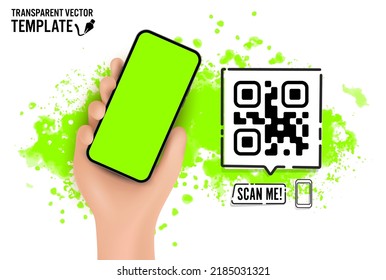 Vector cartoon hand holding the black blank screen smartphone with a QR code scan me - a template  - isolated on splash paint color background
