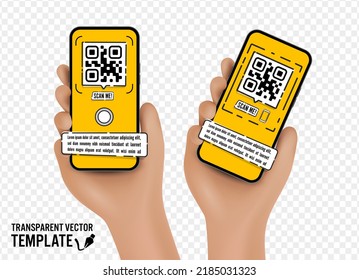 Vector cartoon hand holding the black smartphone with a QR code scanner me on screen and modern frameless design two positions angled and vertical - isolated on transparent background