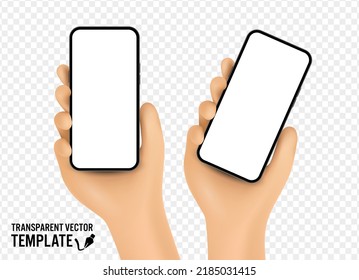 Vector cartoon hand holding the black smartphone with a blank screen and modern frameless design two positions angled and vertical - isolated on transparent background