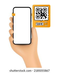 Vector cartoon hand holding the black smartphone with a QR code and scan me text - modern frameless - isolated on white background