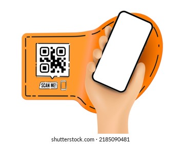 Vector cartoon hand holding the black smartphone with a QR code and scan me text - modern frameless - isolated on white background