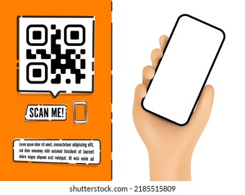 Vector cartoon hand holding the black smartphone with a QR code and scan me text - modern frameless - isolated on white background