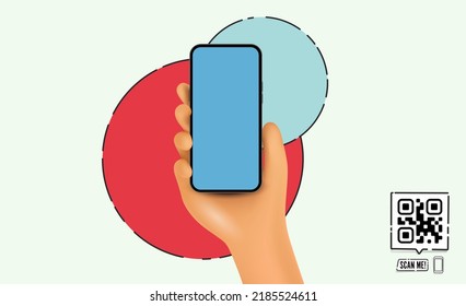 Vector cartoon hand holding the black smartphone with a QR code and scan me text - modern smart phone frameless design