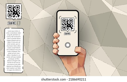 Caricatura vectorial que sostiene el smartphone negro con un código QR en la aplicación de la cámara y me escanea un cartel - moderno diseño sin marco para smartphone - plantilla para aplicación móvil o enlace de tienda de Internet