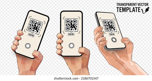 Vector cartoon hand holding the black smartphone with a sample QR code on the screen - modern smartphone frameless design and polygonal sketch style - template for mobile app or internet shop link