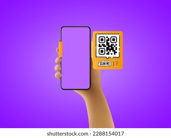 A vector cartoon hand is holding a black smartphone with a QR code and "scan me" text, framed with a modern frameless design, and isolated on a violet background. Template for the phone application.