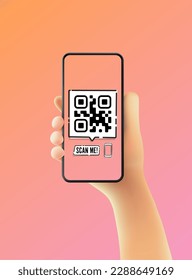 Una mano vectorial de dibujos animados sostiene un smartphone negro con un código QR y un texto para "escanearme", enmarcado con un diseño moderno sin marco y aislado en un fondo degradado de naranja a rosa