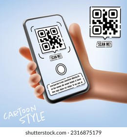 Vector cartoon hand holding the black smartphone with a QR code scan me on screen and modern frameless design