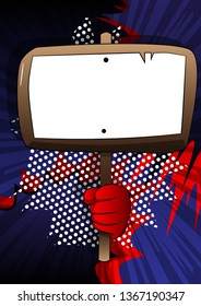 Vector cartoon hand holding blank sign. Illustrated hand with blank paper on board, on comic book background.