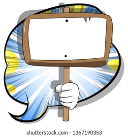 Vector cartoon hand holding blank sign. Illustrated hand with blank paper on board, on comic book background.