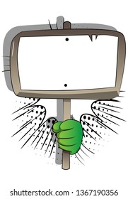 Vector cartoon hand holding blank sign. Illustrated hand with blank paper on board, on comic book background.