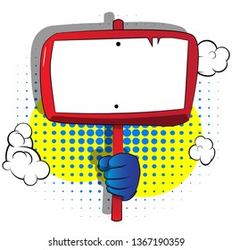 Vector cartoon hand holding blank sign. Illustrated hand with blank paper on board, on comic book background.