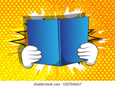 Vector cartoon hand holding a book. Illustrated hand with opened book on comic book background.