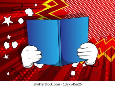Vector cartoon hand holding a book. Illustrated hand with opened book on comic book background.