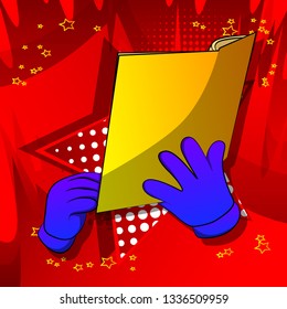 Vector cartoon hand holding a book. Illustrated hand on comic book background.
