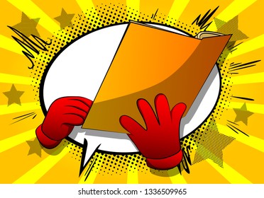 Vector cartoon hand holding a book. Illustrated hand on comic book background.