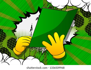 Vector cartoon hand holding a book. Illustrated hand on comic book background.