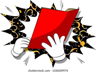 Vector cartoon hand holding a book. Illustrated hand on comic book background.