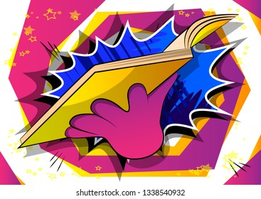 Vector cartoon hand holding a book. Illustrated hand on comic book background.
