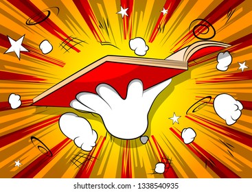 Vector cartoon hand holding a book. Illustrated hand on comic book background.