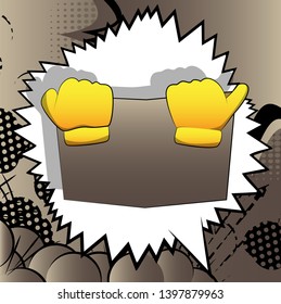 Vector cartoon hand holding a book, hiding behind it. Illustrated hand on comic book background.