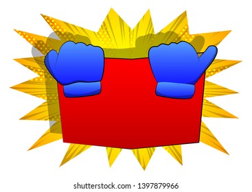 Vector cartoon hand holding a book, hiding behind it. Illustrated hand on comic book background.