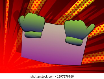 Vector cartoon hand holding a book, hiding behind it. Illustrated hand on comic book background.
