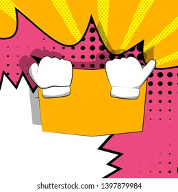 Vector cartoon hand holding a book, hiding behind it. Illustrated hand on comic book background.