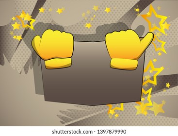 Vector cartoon hand holding a book, hiding behind it. Illustrated hand on comic book background.