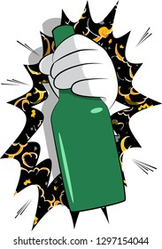 Vector cartoon hand holding a bottle. Illustrated Like hand sign on comic book background.