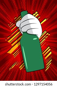 Vector cartoon hand holding a bottle. Illustrated Like hand sign on comic book background.
