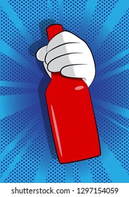 Vector cartoon hand holding a bottle. Illustrated Like hand sign on comic book background.