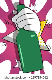 Vector cartoon hand holding a bottle. Illustrated Like hand sign on comic book background.