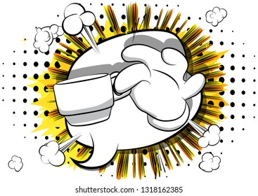 Vector cartoon hand holding a cup of coffee. Illustrated hand gesture on comic book background.