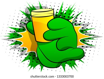 Vector cartoon hand holding a cup of brandy. Illustrated hand on comic book background.